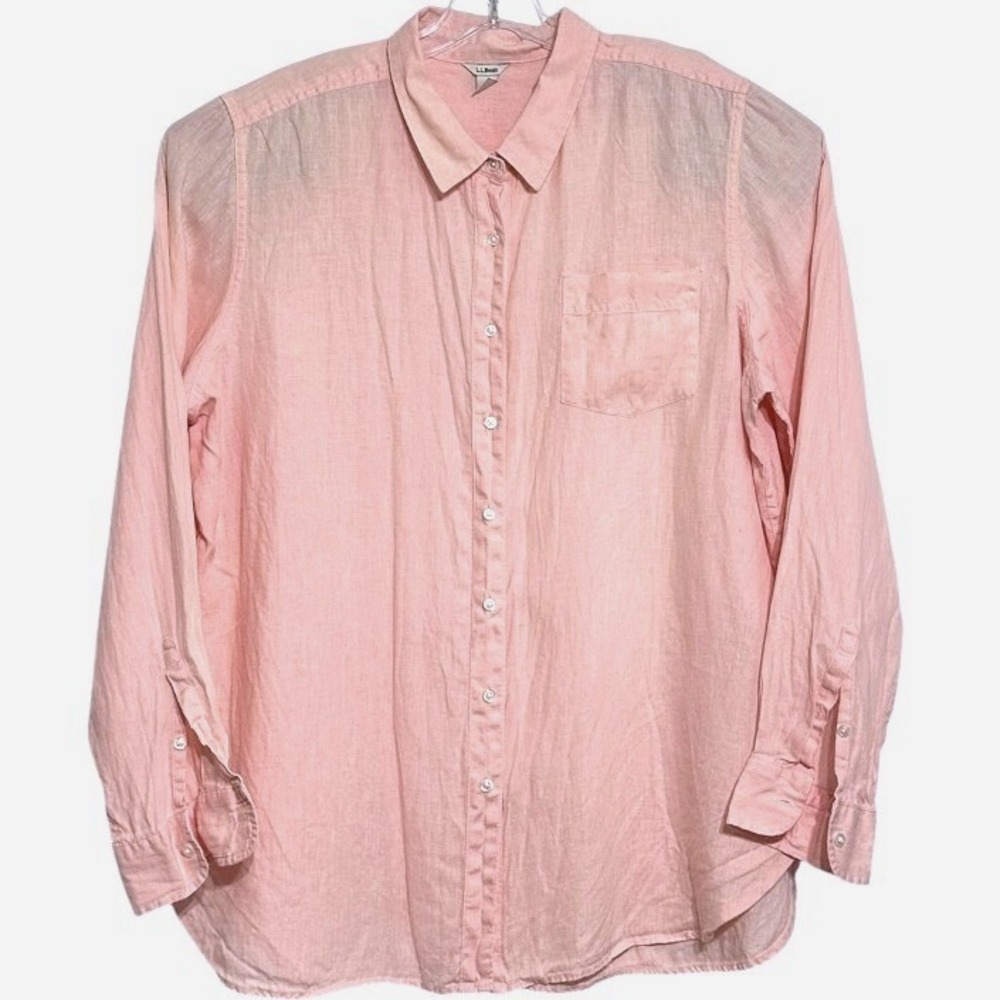 LL Bean Button Down Shirt Women Pink 100% Linen Long Sleeve Coastal Grandma XL